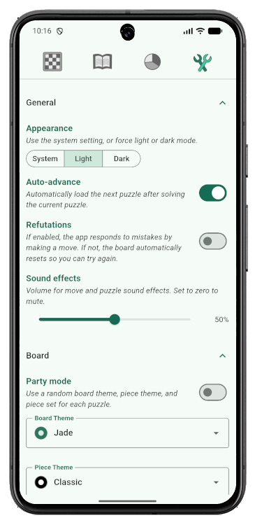 Settings screen with appearance, sound, and board theme options