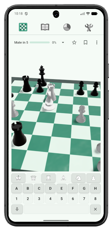 3D chess board with green theme and mate-in-5 puzzle