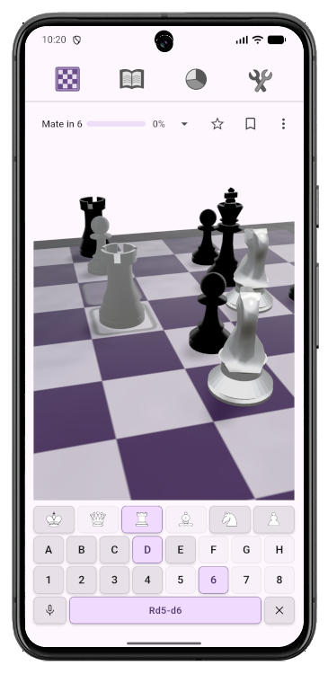 3D purple board with thumb keyboard entering a rook move