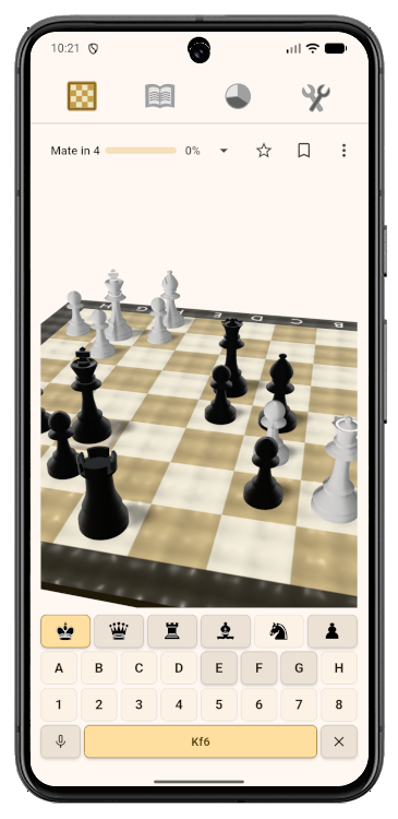 3D wood board with a typed king move on the move bar